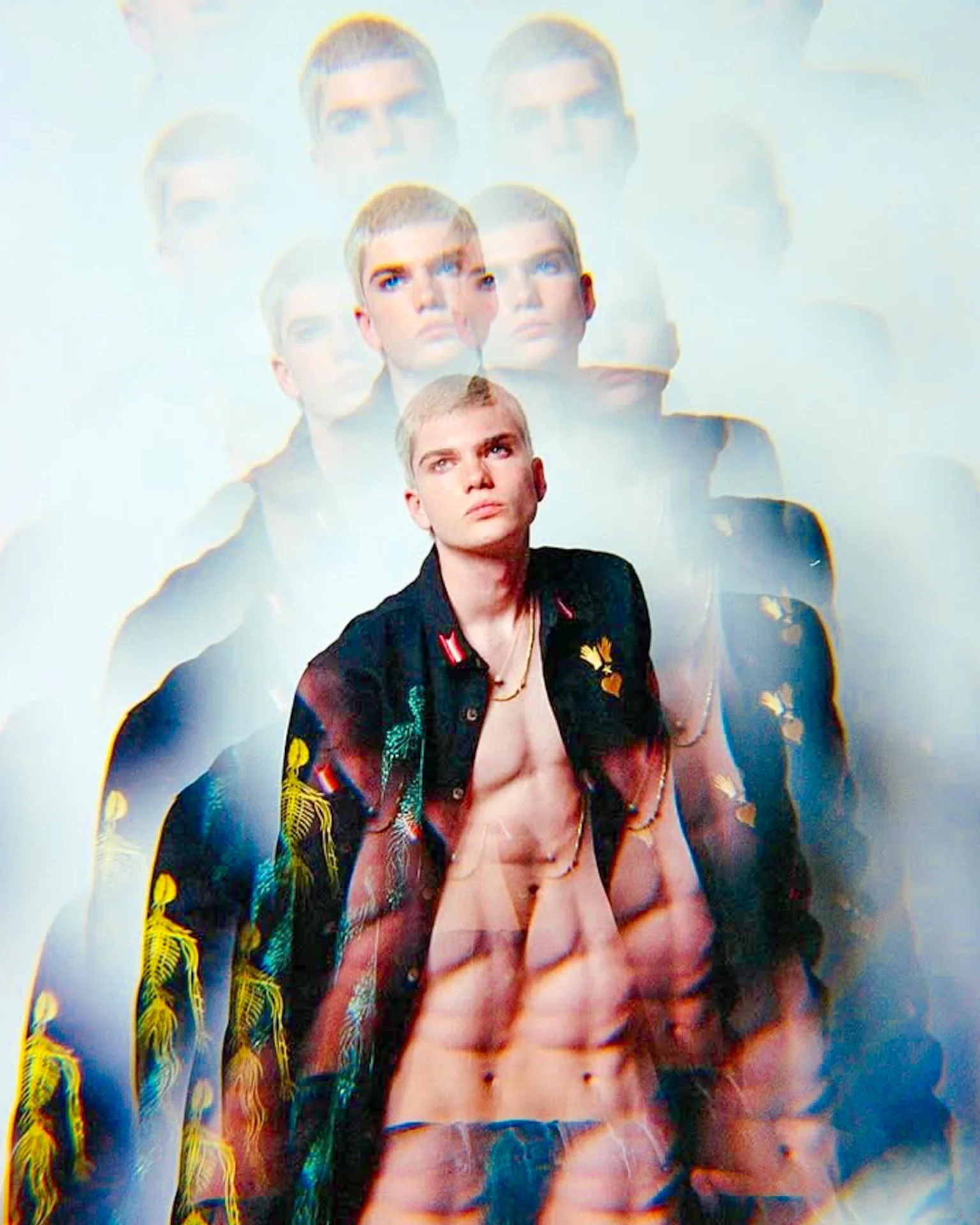 Editorial portrait with vintage mannequins, fashion-inspired creative photography